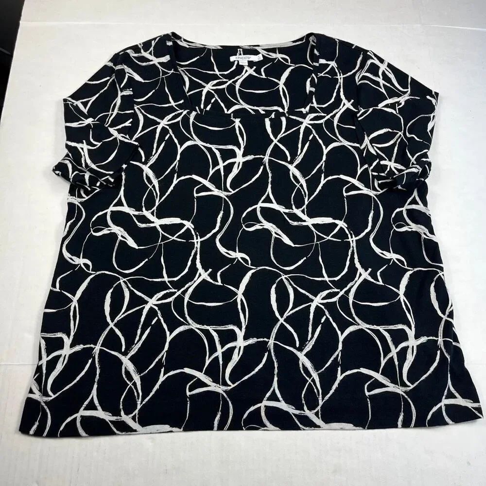 Chicos Abstract Print Shirt Short Sleeve Square Neck Cotton Casual Tee 4 XXL